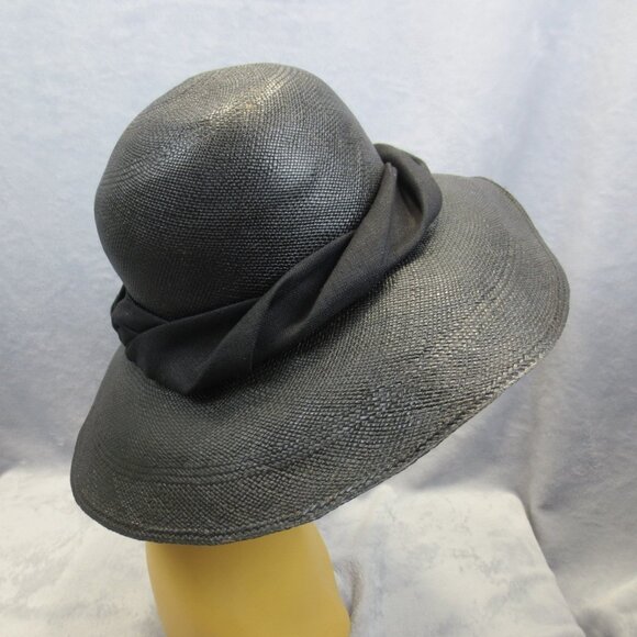 Vintage Eric Javits Womens M Sun Hat Black Wide 4.5" Brim Luxury Straw Fashion - Picture 10 of 11